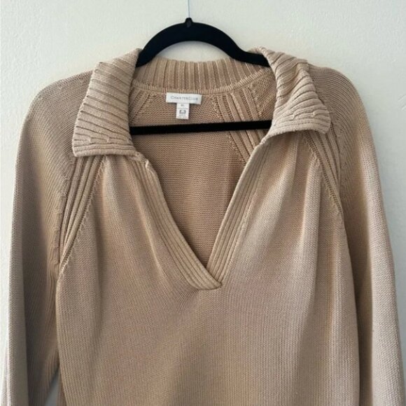 Vintage Charter Club Cotton V Neck Collared Sweater in Tan - Picture 2 of 4